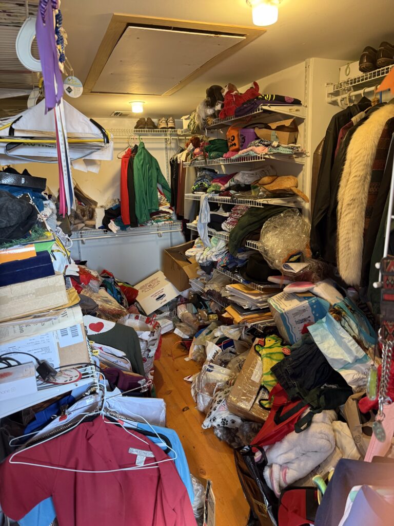 Messy and cluttered walk-in closet before Closet POSSIBLE